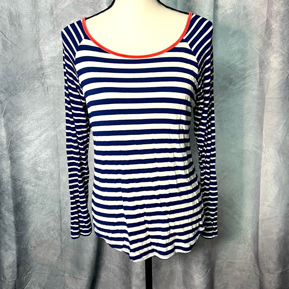 No Comment Navy & White Striped Long Sleeve Tunic Tee with Coral Accent - MED